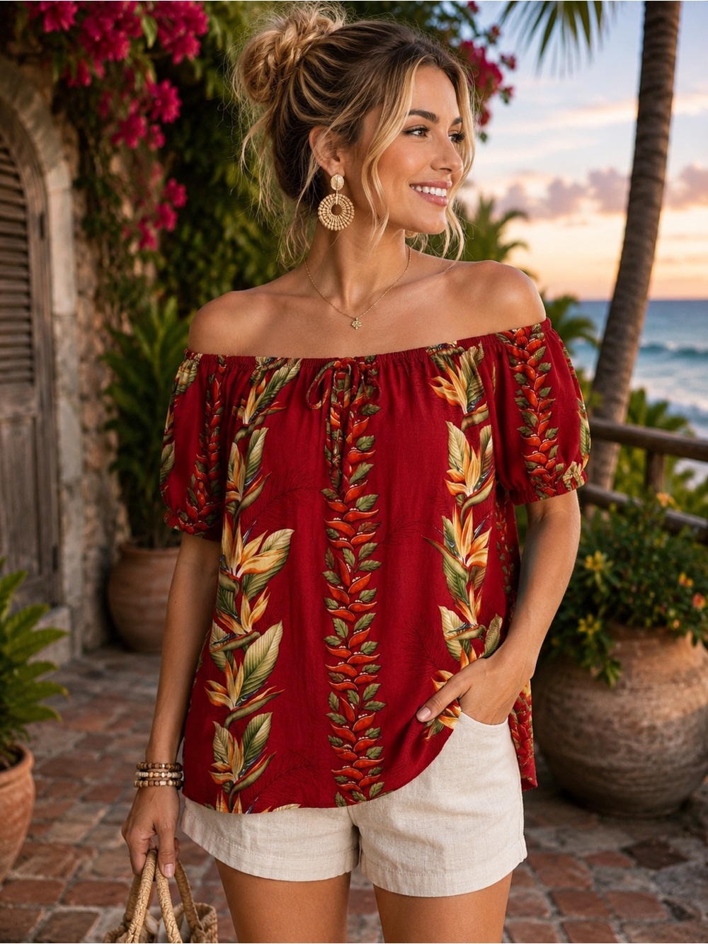 Hawaiian Reserve Collection Off Shoulder Blouse Red Bird of Paradise Est-XL